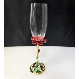 Rose Enamel Crystal Champagne Flute Wine Glass Red Rose Gold Metal Stem 9.75"